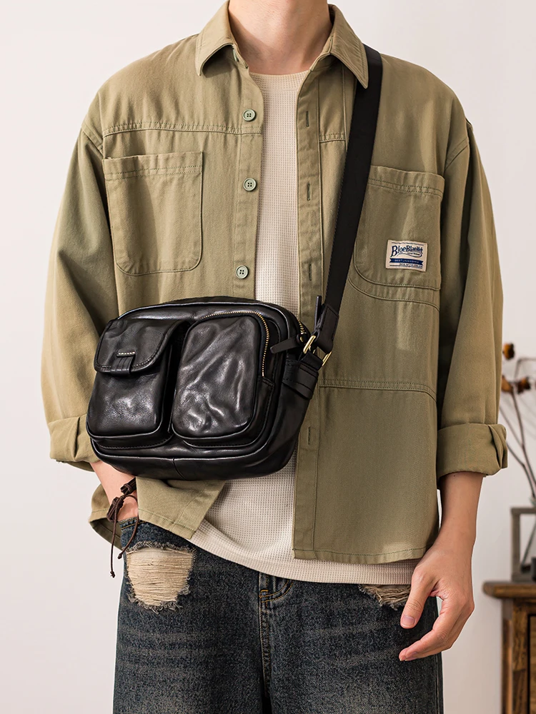 PNDME vintage handmade vegetable tanned cowhide men's shoulder bag outdoor travel genuine leather multi-pocket crossbody bag