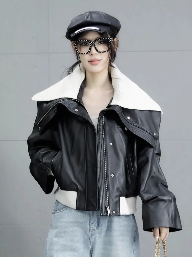 جديد مصمم المرأة التلبيب طوق فضفاضة تناسب جلد الغنم سترة جلدية حقيقية ملابس الشارع الشهير أبلى معطف تقسم Bomber جاكيتات