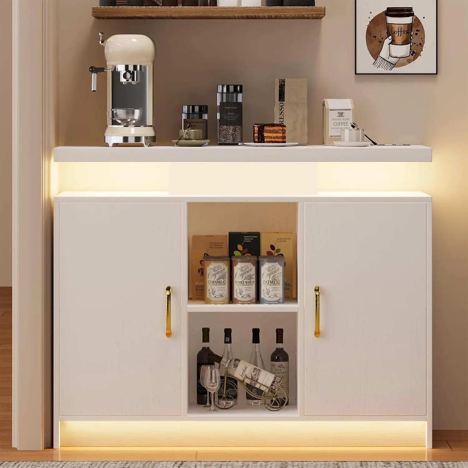 Coffee Bar Cabinet 40 Inch with Charging & 2 Shelves, LED Buffet Storage for Kitchen & Dining Room, Customized