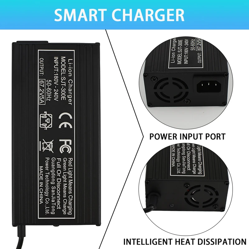 60V Fast Charger 67.2V/5A for 16s 60V Lithium Battery Charger GX16/IEC Connector Strong Heat