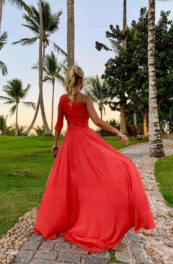 Flowing Chiffon A Line Prom Dresses One Shoulder 2022 Red Long Evening Dress Wedding Party Gowns Cut Out Vestido De Festa