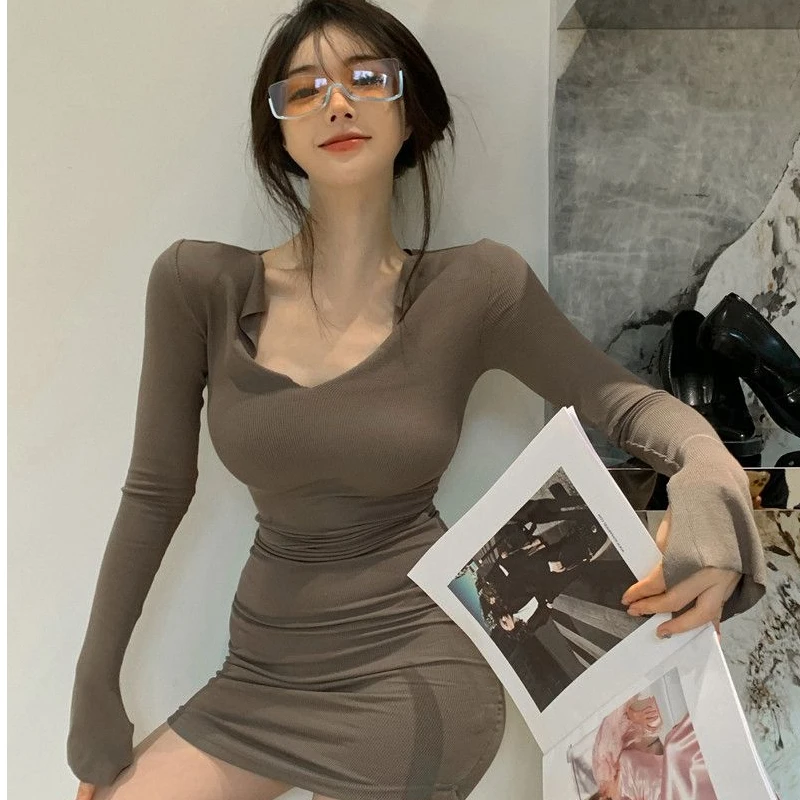 

Spicy Girl Long Sleeve Knitted Dress Women's Style Slim Fit Autumn New Arrival Pure Desirable Sexy Short Skirt Bodycon Dress