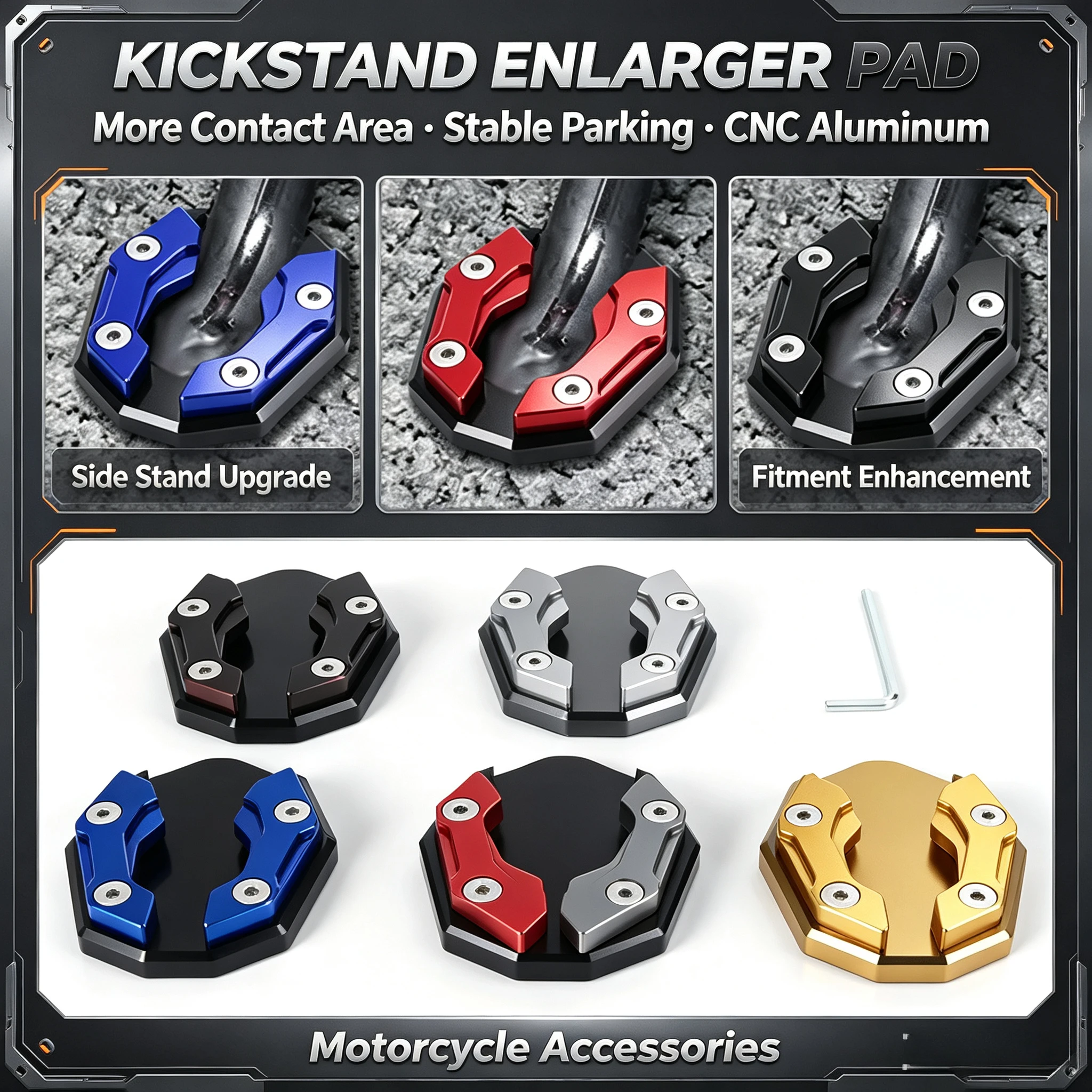 Aluminum Motorcycle Side Stand Pad Universal Enlarger Foot Extension Kickstand Support Plate for Motorbike Modification