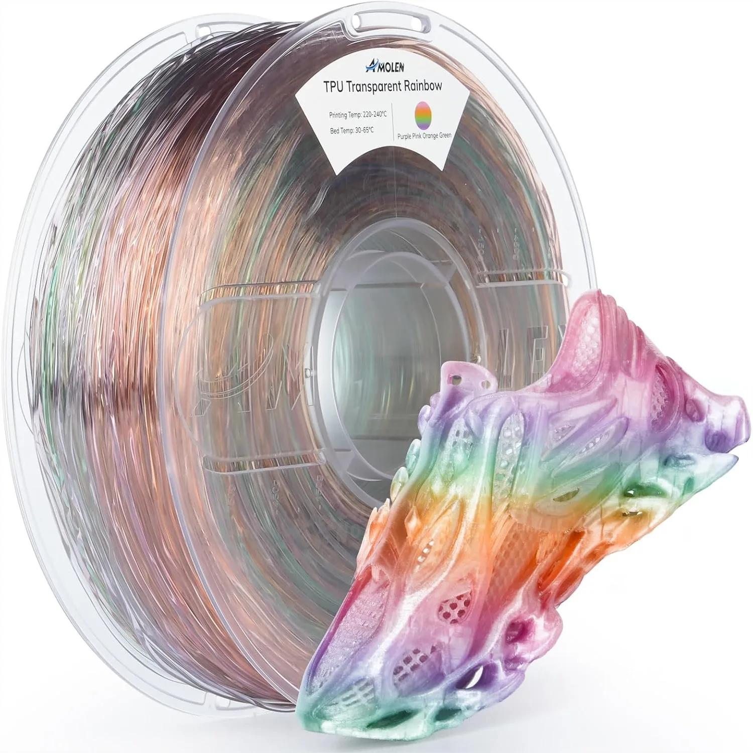 

Rainbow TPU 3D Printer Filament 1.75mm Multicolor Flexible Soft, High Speed Printing, 1kg Spool