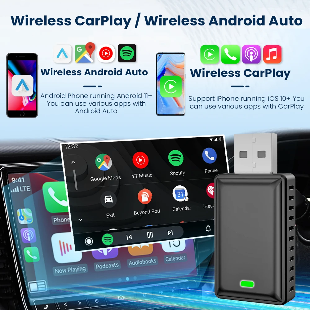 محول Carplay اللاسلكي Wireles Android Auto 2in1 Smart Dongle التوصيل والتشغيل تحديث Fota 5G WIFI لأودي بنز فولفو كيا تويوتا