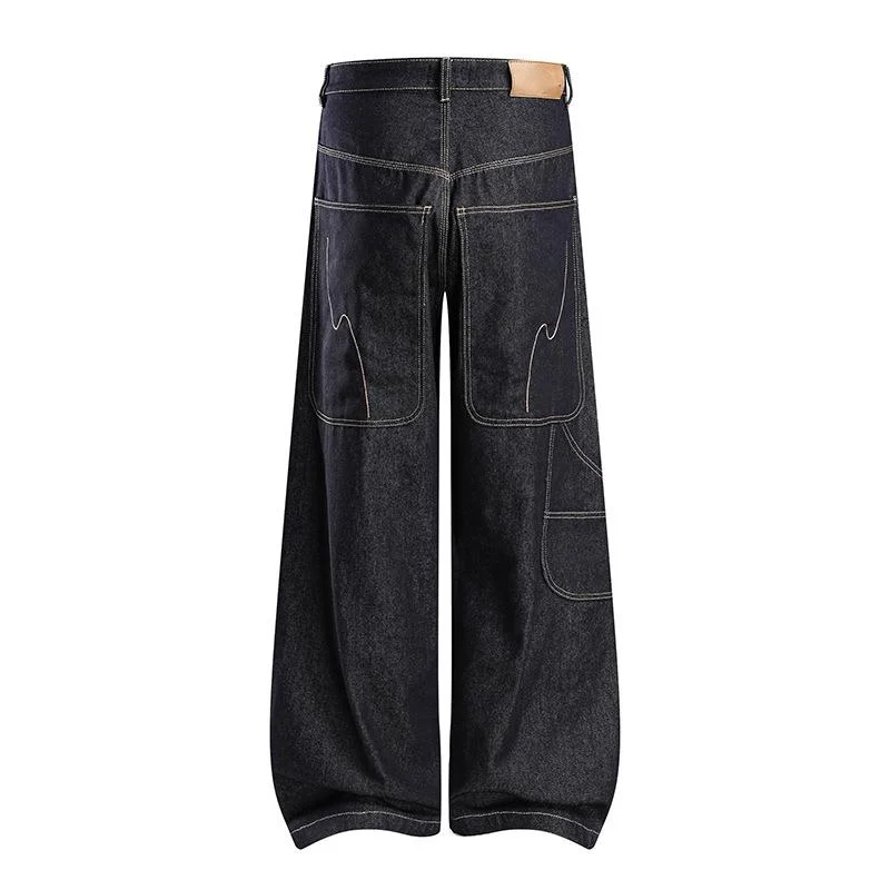 American Vintage Contrast Stitch Raw Denim Pants For Men Women Deconstructed Curved Baggy Street Wide Leg Jeans M7H3
