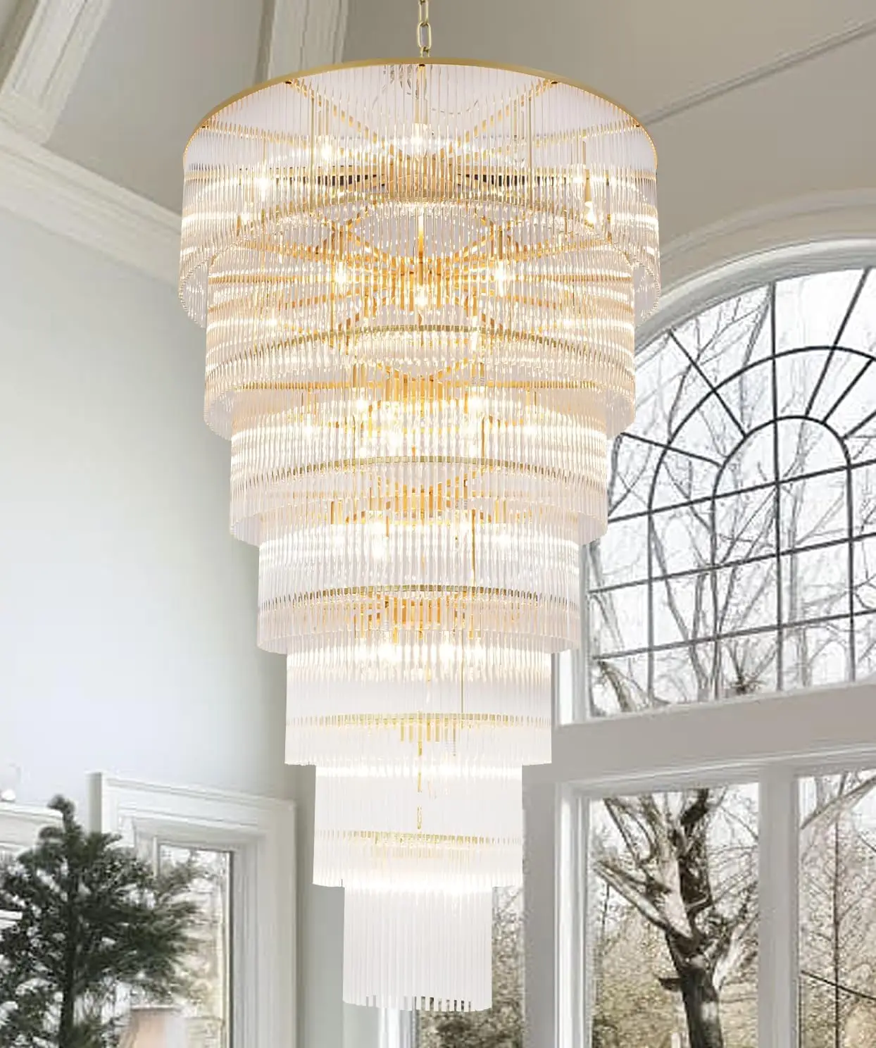 Modern Large Gold Chandeliers Light Modern High Ceiling Pendant Hanging Lamp Glass 7-Tier Foyer Entryway Home Lighting for Foyer