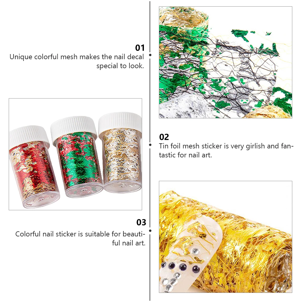 

10pcs Nail Sticker Colorful Mesh Decals Tin Foil Manicure Decorations Beautiful Design for Polish Nails Girlish Appearance