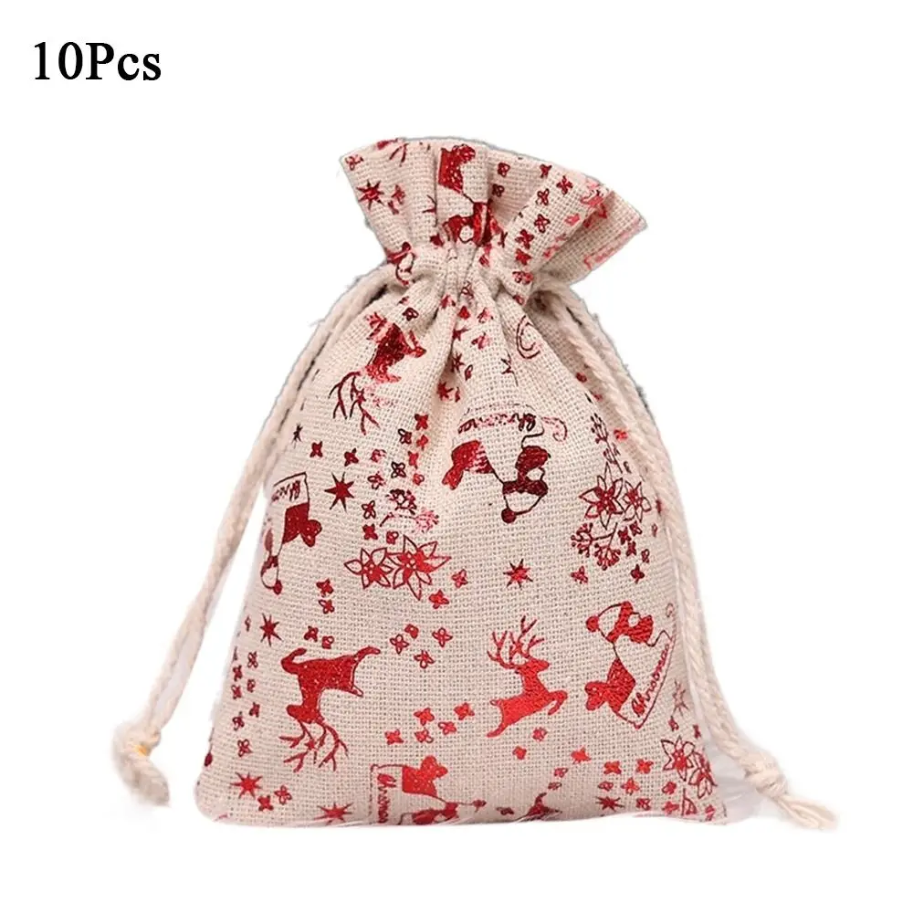 

10Pcs Linen Christmas Candy Cotton Bag Hot Gold Snowflake Christmas Bronzing Gift Bag Elk Santa Claus Christmas Gift Bag Party