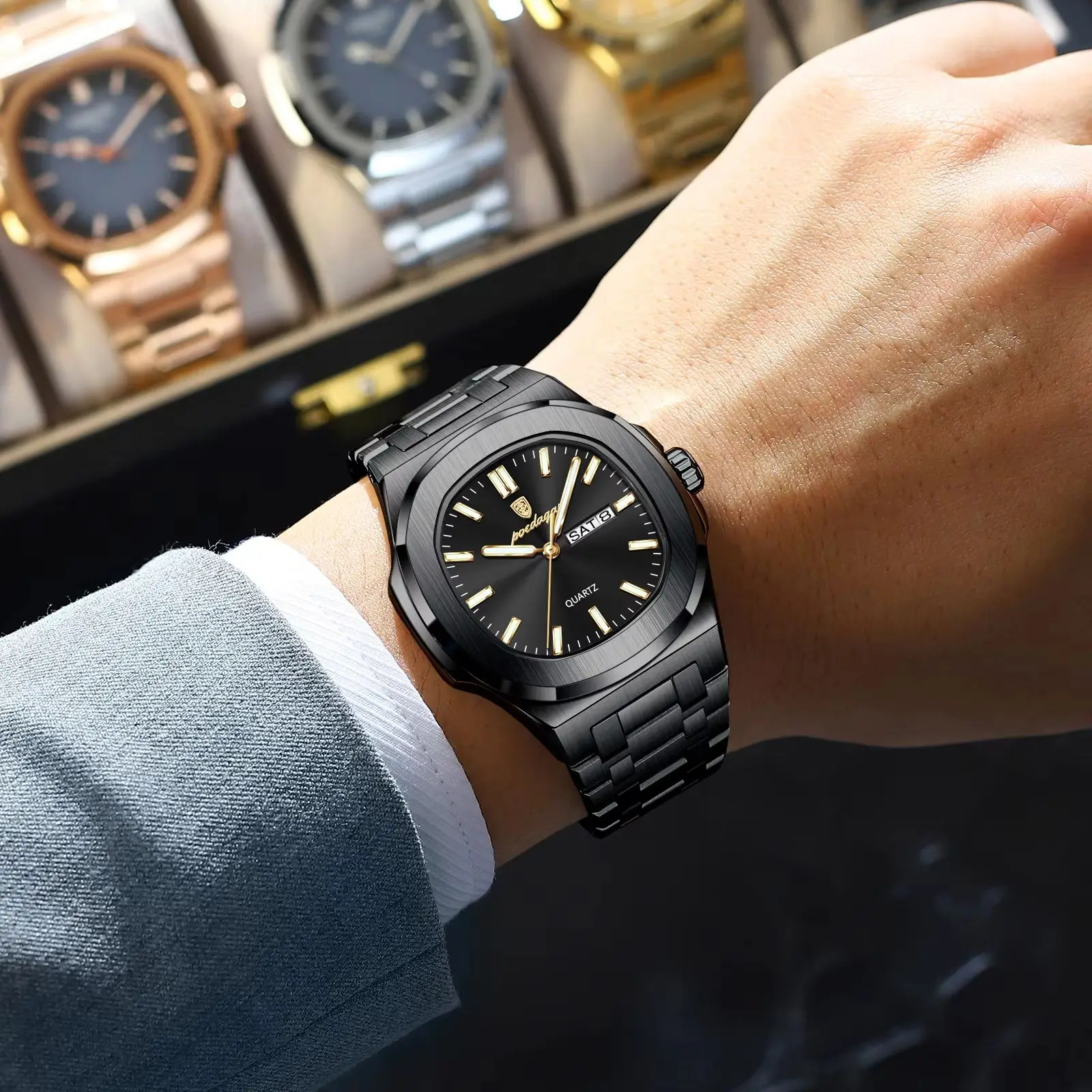 POEDAGAR ساعات رجالية مربعة فاخرة مقاومة للماء مضيئة تاريخ الأسبوع ساعة رجالية من الفولاذ المقاوم للصدأ موضة كوارتز ساعة يد رجالية Reloj