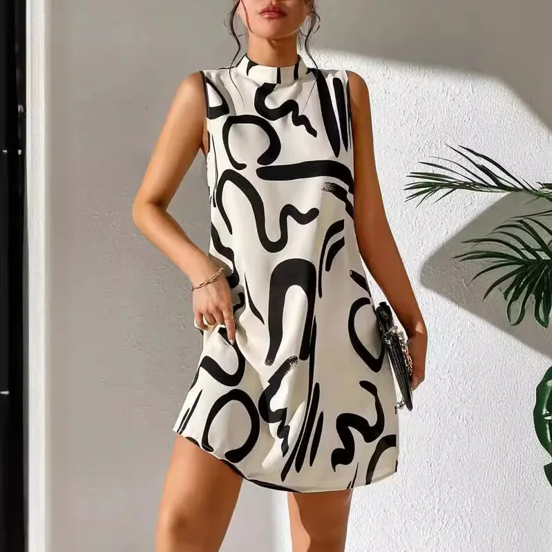 Printed Women's Dress, Fashionable Women's Dress, 2025 Summer Trend Women's Round Neck Printed Sleeveless Pullover Dress
