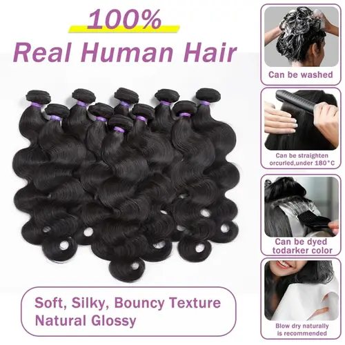 Imagen 2 del producto Extensiones de cabello humano con cierre, cabello humano virgen brasileño ondulado, 3 mechones con cierre de encaje 4x4, Color negro Natural