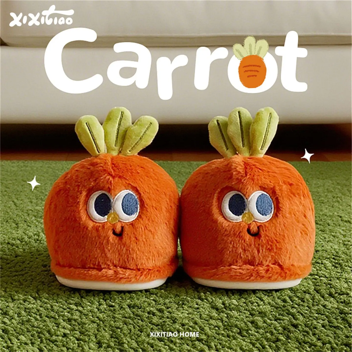 Designer carrot furry slippers women lovely big eye fruit shoes ladies plush flipflops female indoor house slipper flat heeled