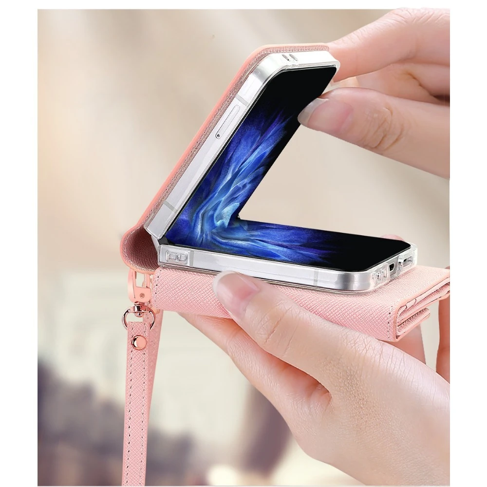 

Кожаный люксовый чехол для Samsung Galaxy Z Flip 7 6 5 4 с защитой от ударов, ремешком и отделением для карт (кошелек)