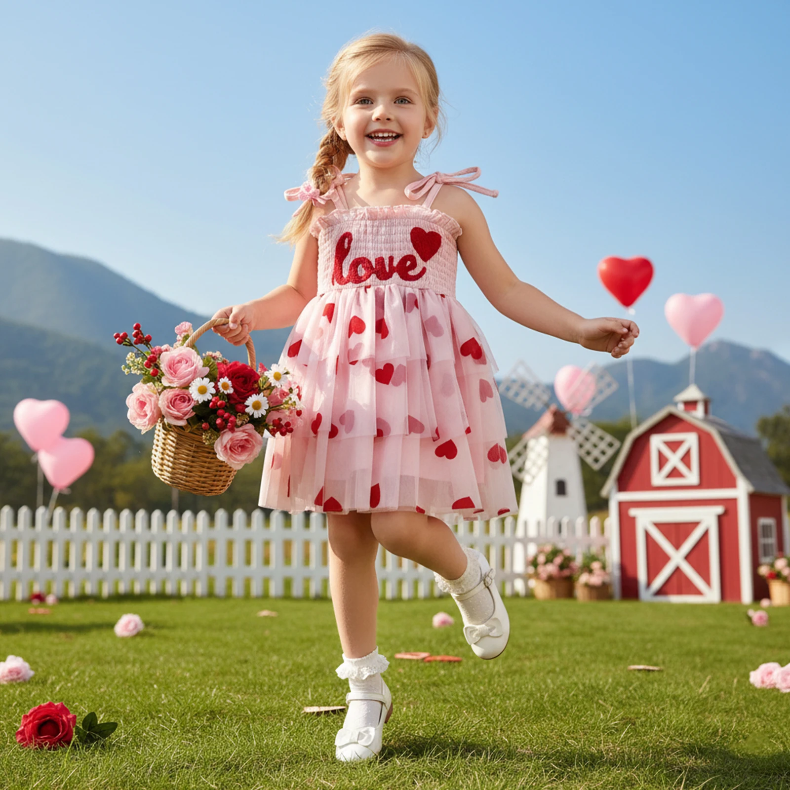 Toddler Baby Girls Valentine's Day A-line Dress Cute Heart Letter Embroidery Tie-up Smocked Sleeveless Tulle Dress