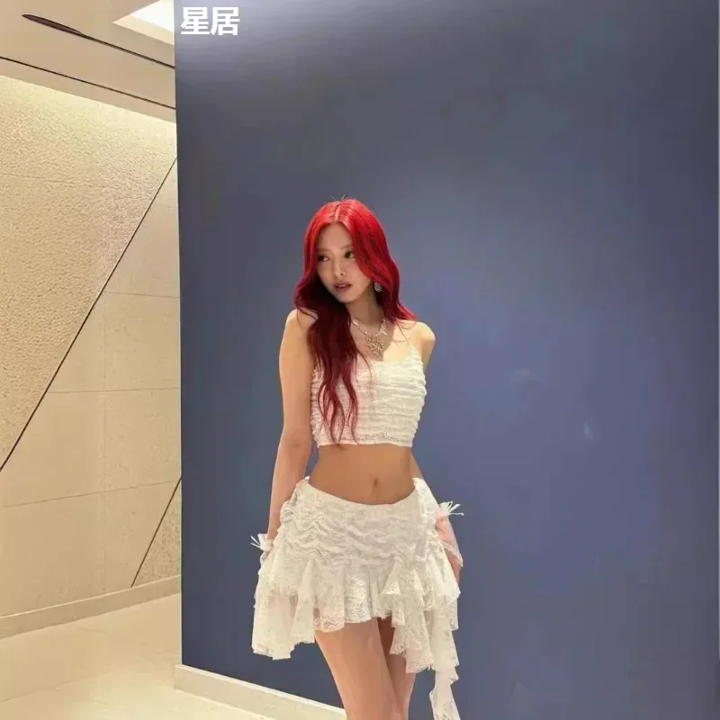 Traje de baile de Jazz para grupo de mujeres, Tops con tirantes de encaje blanco, falda Irregular Kpop, trajes, ropa de Hip Hop, ropa de bailarina para fiesta en club nocturno