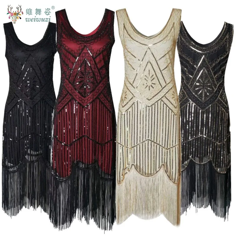 여성 파티 드레스 1920년대 그레이트 개츠비 플래퍼 베스티도스 시퀸 비즈 프린지 이브닝 드레스 V넥 장식 프린지 슬리브리스