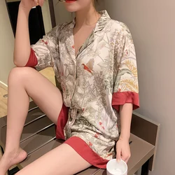 Vintage Forest Flowers and Birds Print Pajamas Women Elegant Ins Style Simulated Silk Housewear 2024 New Summer Female Nightgown