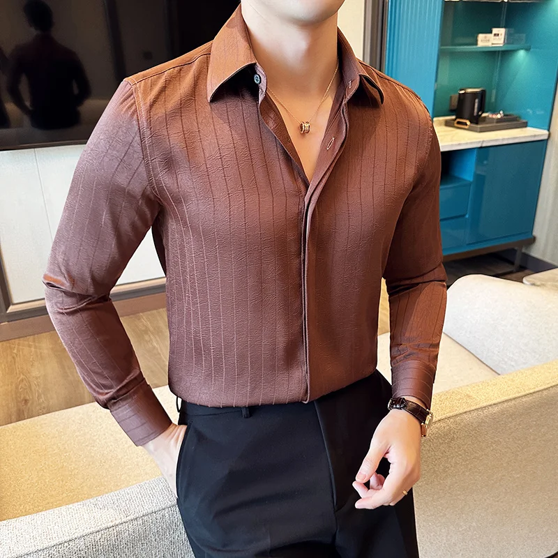 

Premium Draping Long Sleeve Shirts for Men Brand Shirt Men's Printed Pleated Striped Business Casual Shirt Dress Shirt Homme