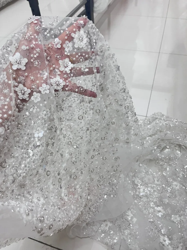 

Crystal Pearl Sequin Embroidered Fabric for Wedding Beaded Dress Beret Cheongsam Design Cloth Diy By The Meter Sewing Material