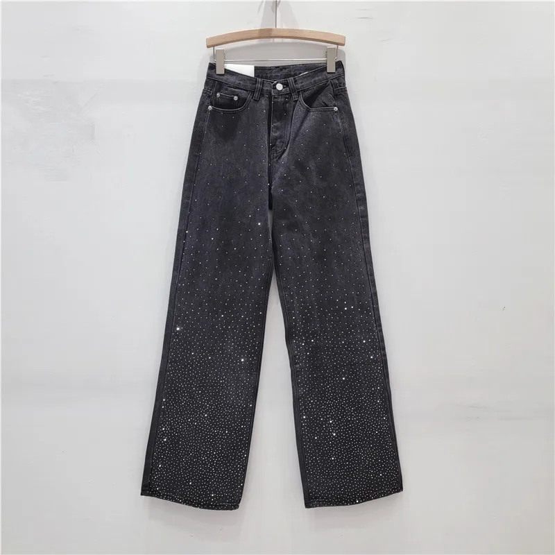 Women Black Gray Starry Hot Drilliing Wide Legs Straight Jeans Denim Pants Loose High Waist Wide Legs Trousers Casual Pantalones