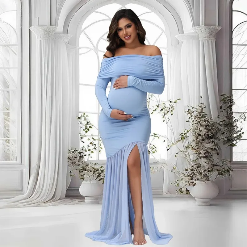 Maternity Dresses Photoshoot Off-Shoulder Slits Fishtail Hem Baby Shower Clothes For Pregnant Woman Evening Party Elegant Gown