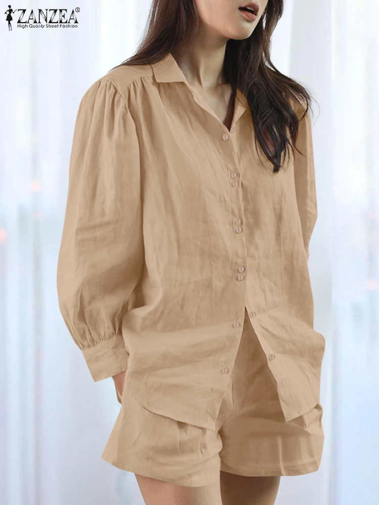 

Spring 2PCS Outfits Women Long Sleeve Shirt Shorts Sets ZANZEA Elegant Casual Solid Work Tracksuit Woman Loose Matching Set 2025
