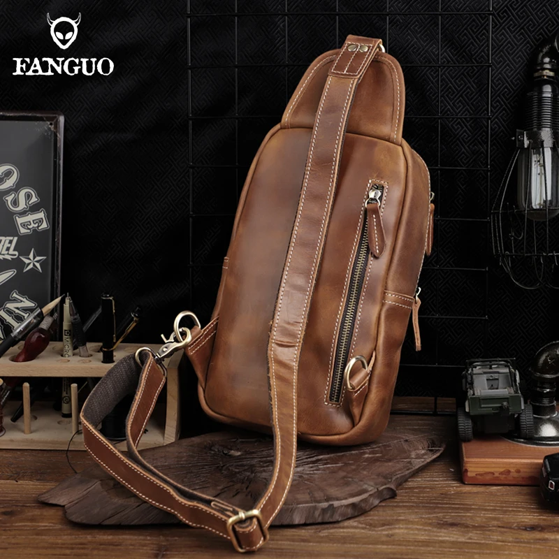 Men's Chest Bag Handmade Genuine Leather Chest Sling Bag Male Cross-Body Bag Travel Crazy Horse Leather Chest Shoulder Bag