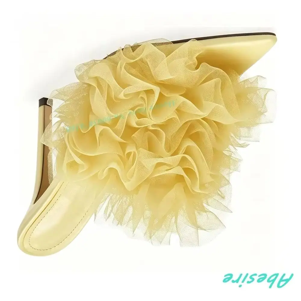 Slip On Stiletto Heels Shoes for Women Pink Ruffled Pointed Toe Outside Slippers Summer Elegant Party Sweet Fashion Show Shoes