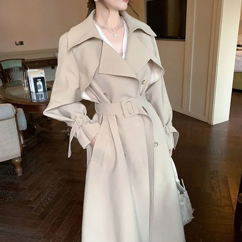 

2023 Spring Autumn New Women Korean Version Small Fellow Coat Belted Trench Overcoat Tailored Collar Mid Length Version Jaket