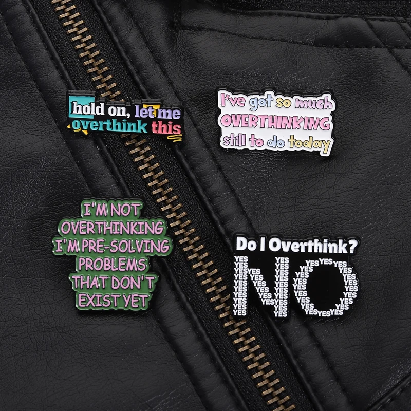 Overthinking Pin Set Funny Mental Health Badges with Pre-Solving Problems Quote and Visual Paradox Design for Humor Accessory