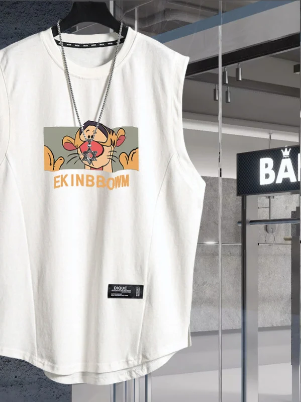 

High Quali Heavyweight Pure Cotton American Sle Loose Vest Men's Summer Color oulder Pad Faion Sports Fitn S...