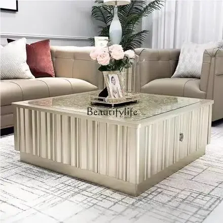 

American light luxury coffee table living room household solid wood square coffee table tempered glass
