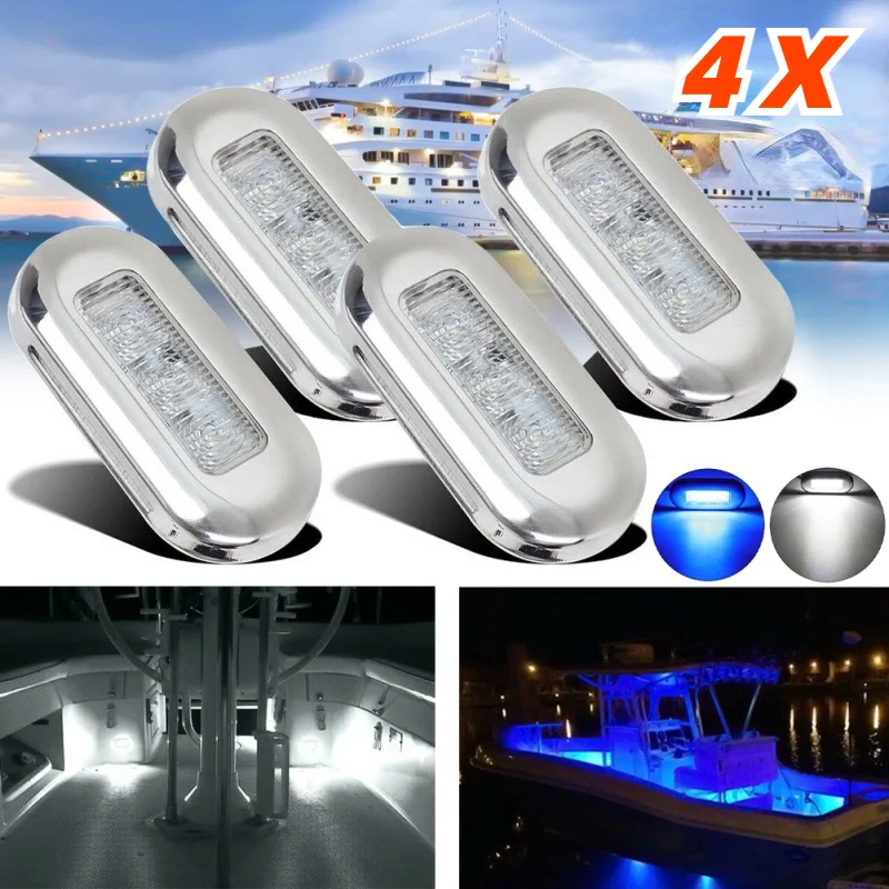 4PCS 12V Yacht Marine Boat Flush Mount Clear Lens LED Oblong Stair Deck Lamp Stainless Steel Waterproof Light
