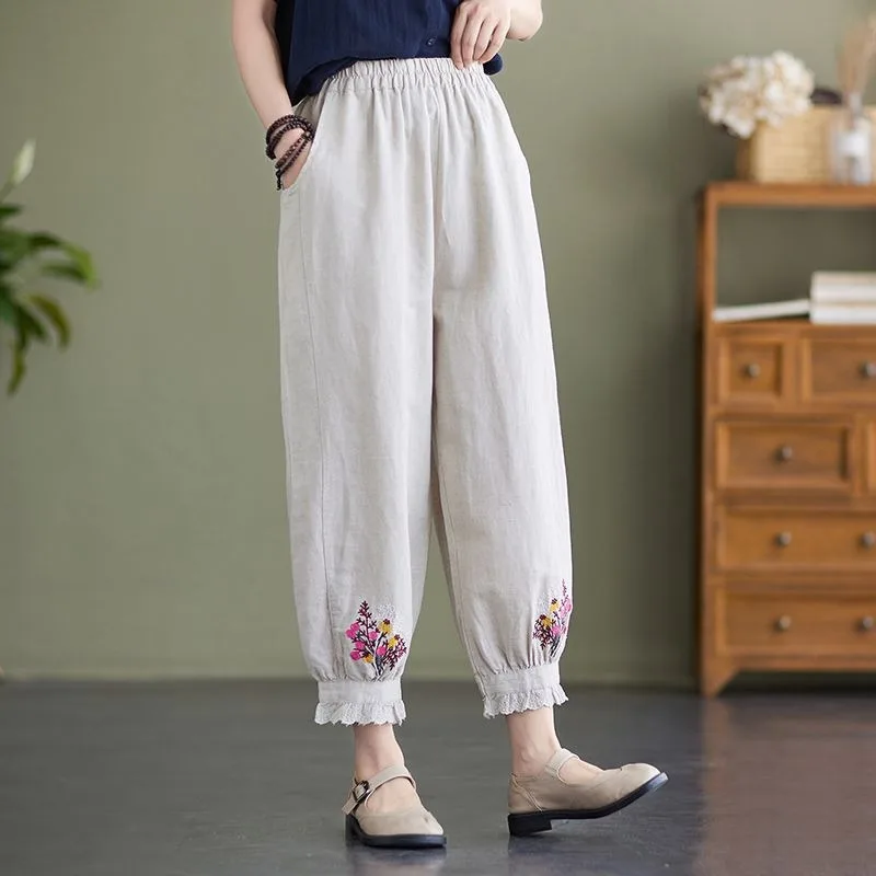 

Women's Sweatpants Spring Summer Bloomers Thin Elasticated Waist Harem Chinese Cotton Linen Embroidery Casual Cropped Pantalones