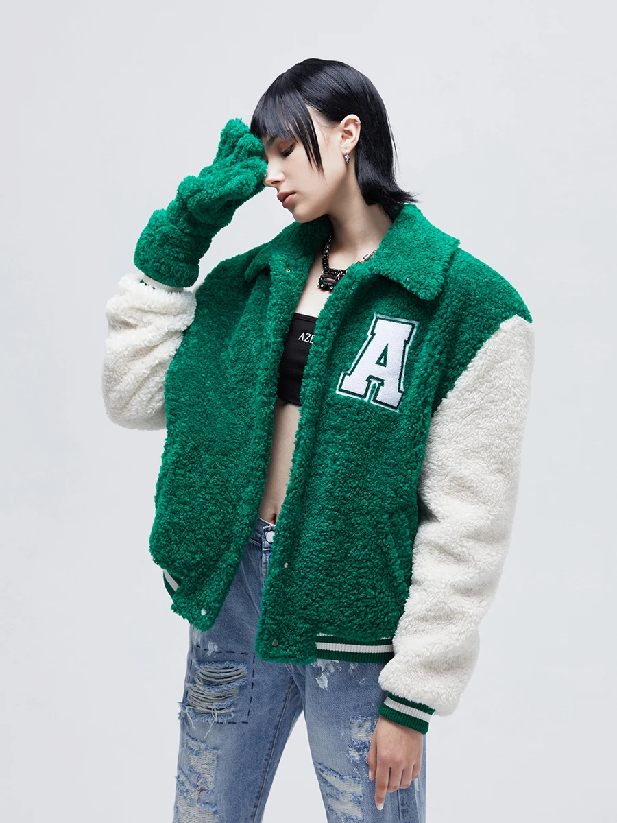 Loose Azepam Lamb Velvet Baseball Jaet Color Blo Design Original Design Long Sve Winter Outerwear Women's Faion