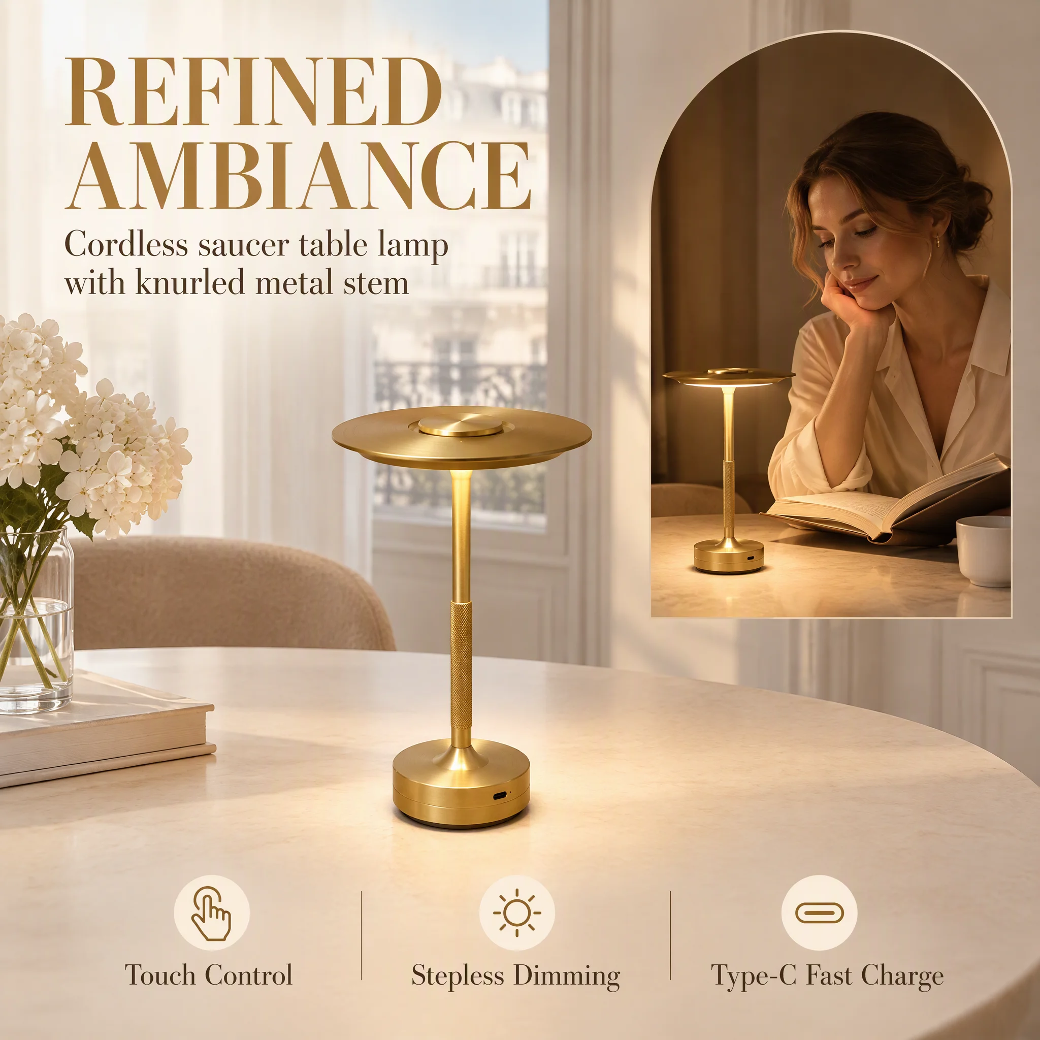 Anti-GlareSaucer LED Table Lamp,Wireless Rechargeable Touch Control,Luxury Gold Metal Cordless NightLamp For BistroPatio&Bedroom