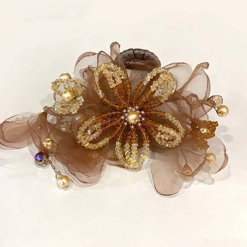 Luxury Organza Flower Hair Claw Clip Hand‑Beaded Crystal Pearl Tassel Hair Grips Women Bridal Wedding Banquet Hair Accessories