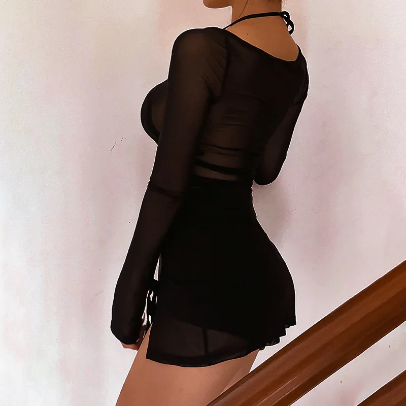 Robe mini unie à col carré pour femmes, vêtements Y2k, gaze, robe de nuit sexy, tenues de club chaudes, vestidos de mujer transparents, manches longues