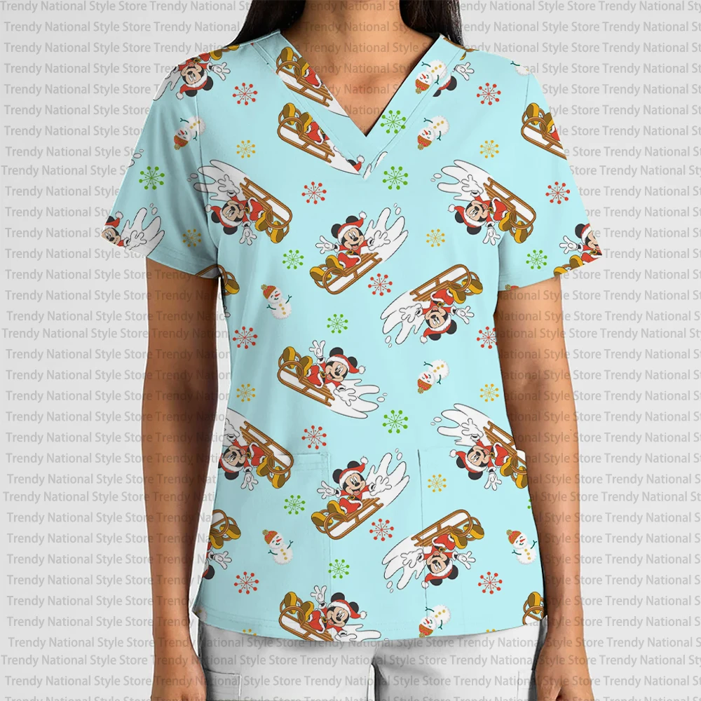 Mode Damen Arbeitsuniform V-Ausschnitt Tasche Frosted Top Disney Weihnachten Schneeflocke Mickey Minnie Elegantes Schönheitssalon T-Shirt