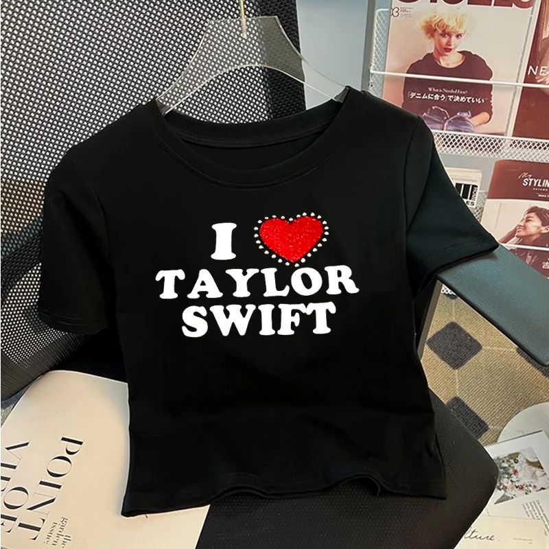 I Love Taylors 반짝이는 라인스톤 프린트 크롭탑, 섹시한 티셔츠, 2000 패션, 캐주얼 반팔, 하이 스트리트 스트리트웨어