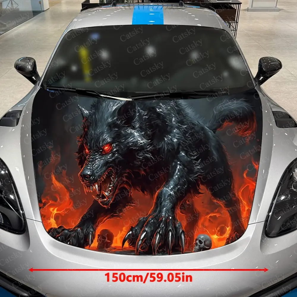 Flame Fierce Wolf Red Eyes with Skulls Car Vinyl Wrap, PVC Waterproof Car Hood Sticker, Self-Adhesive Scratch-Resistant Stickers