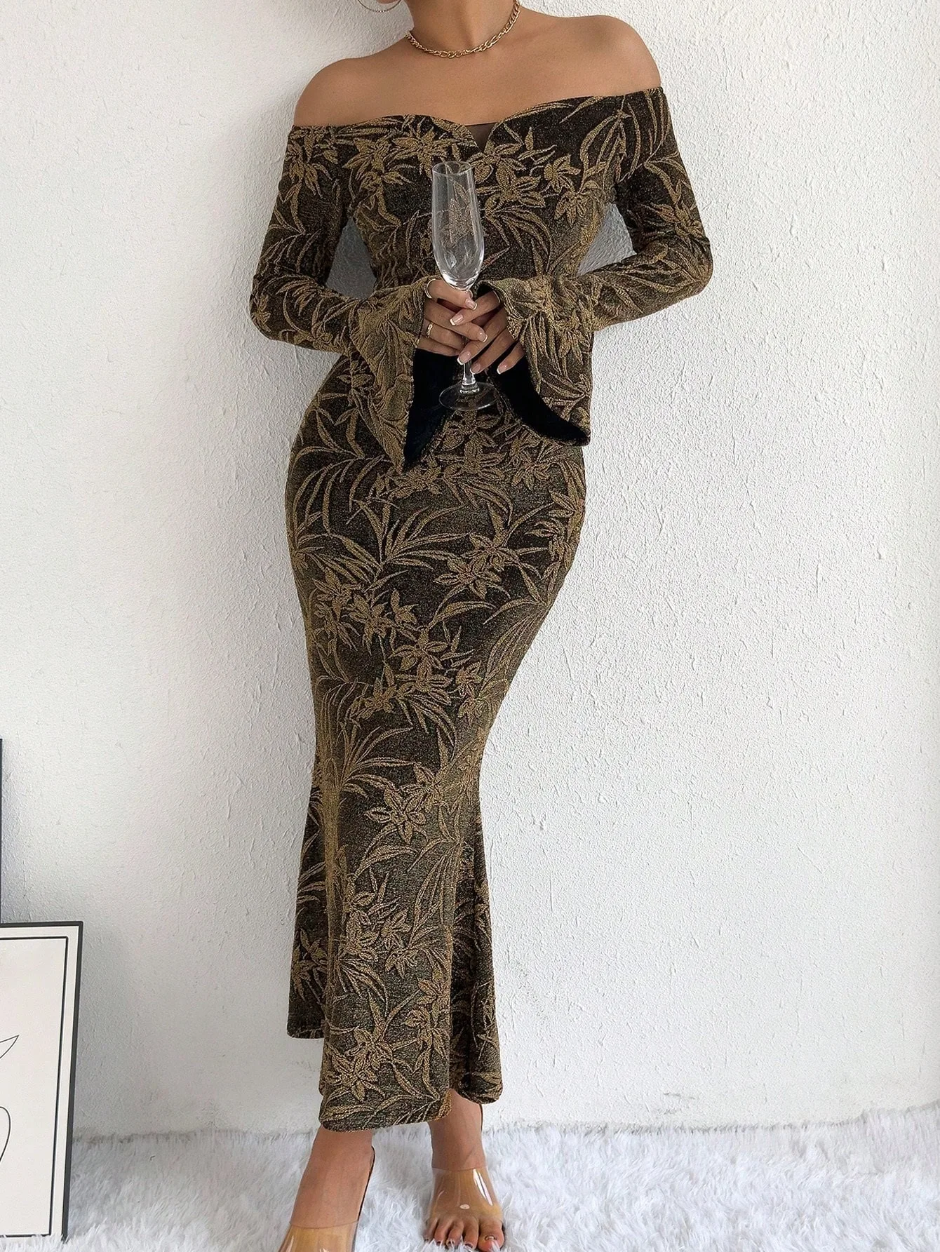Elegantes Damenkleid mit Blumenmuster, Rundhalsausschnitt und Langen Ärmeln, Sexy Bodycon-Abendkleid für Herbst, Club, Party, Urlaub, Vestidos 2026