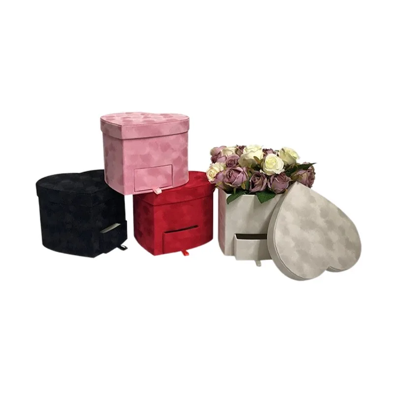 Velvet Heart-Shaped Cardboard Gift Box With Drawer Valentine's Day Wedding Flowers Cosmetics Wrapping Carton Special-Shaped Box