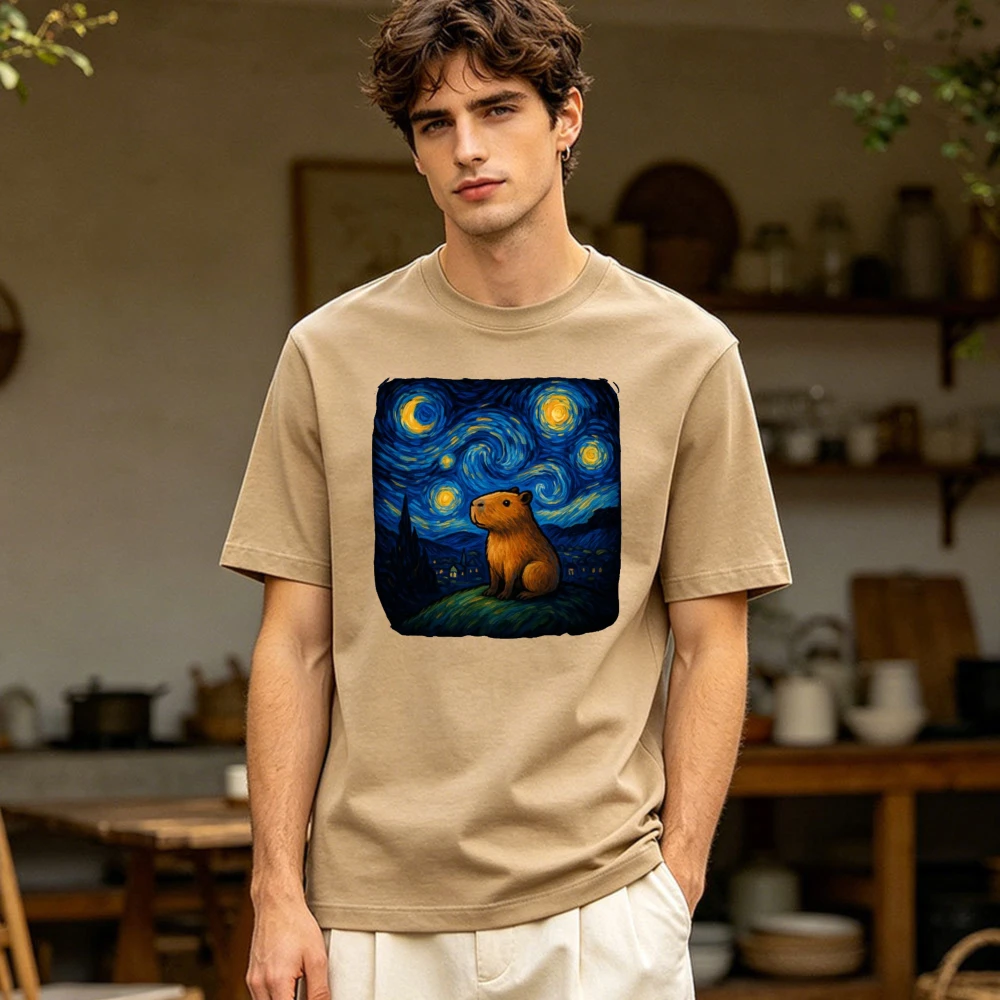 Starry Night Capybara Van Gogh Style Graphic Men Summer Cotton T Shirt Classic Art Cute Rodent Motif Short Sleeve Garment