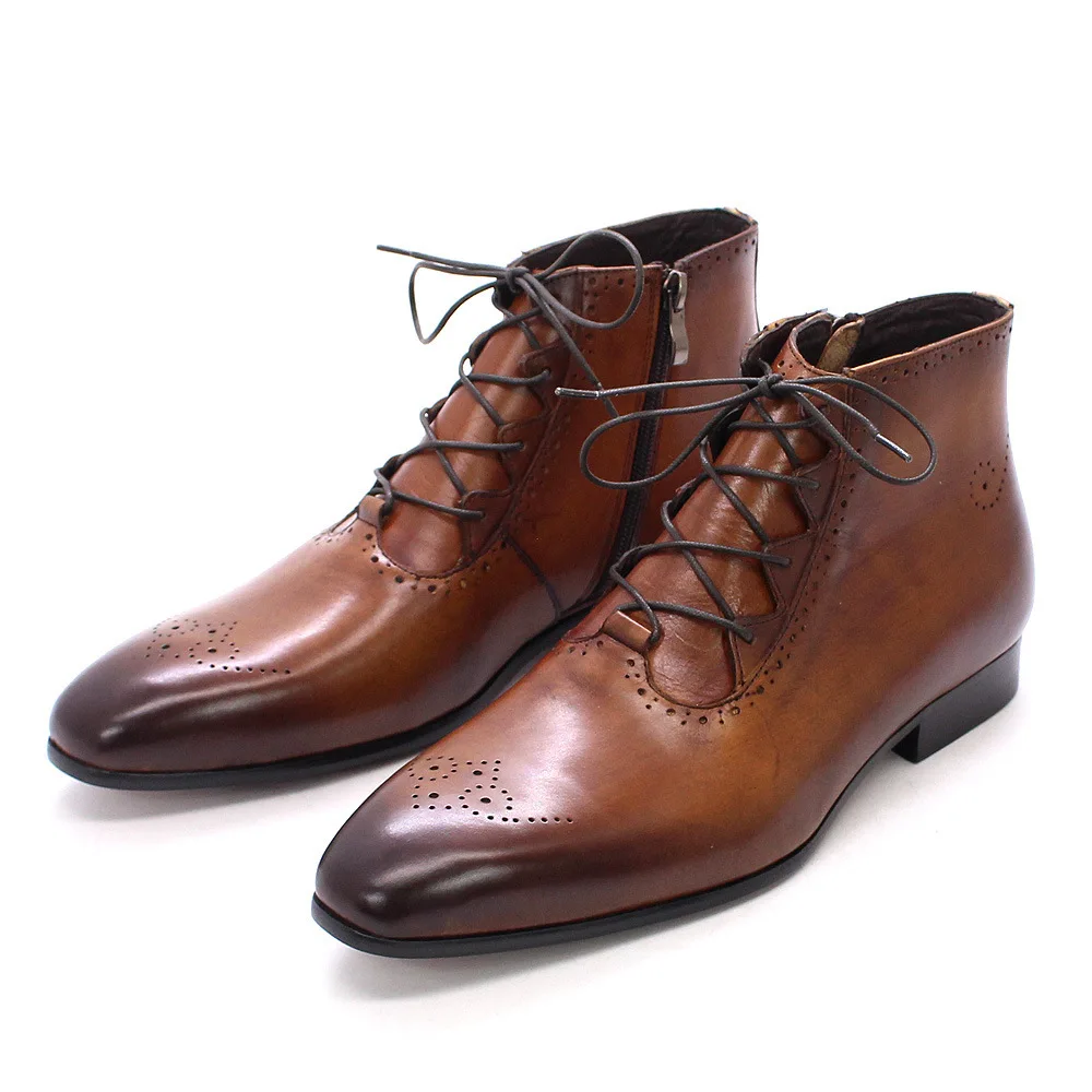 Classic Handmade Genuine Leather Suede Ankle Boots High Top Pointed Formal Men Casual Shoes Side Zipper Strap Men Business Boots