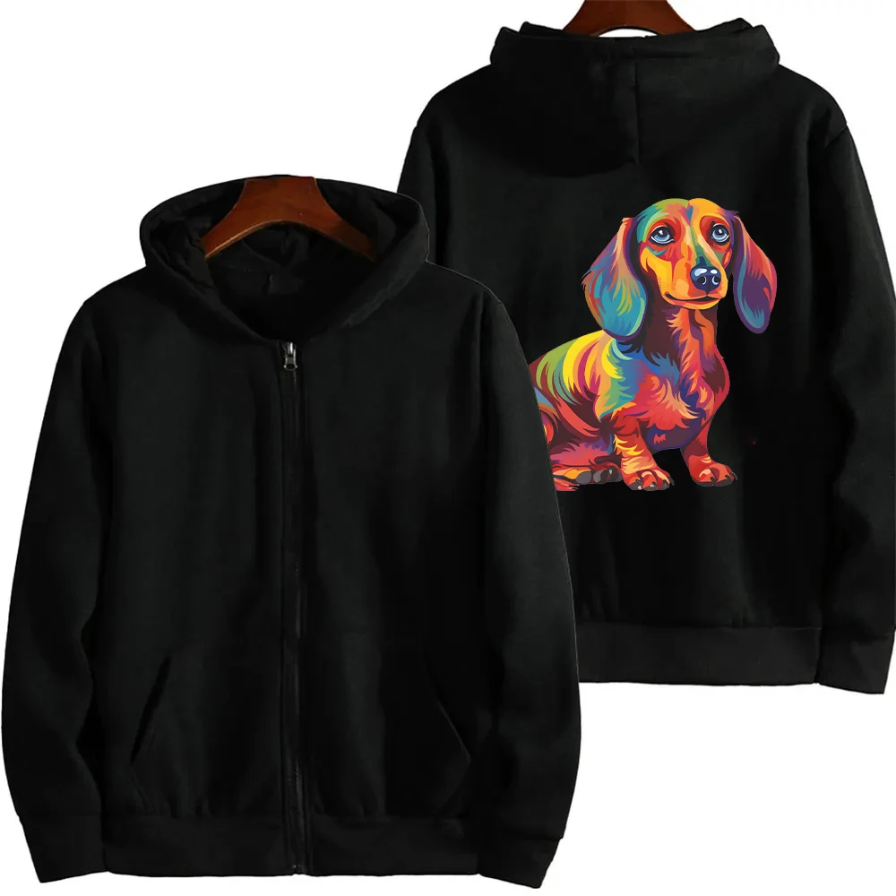 Korean Hooded Sweatshirt for Women Black Zip Up Hoodie Long Sleeve Watercolor Dog Cat Print Fleece Zip Hoodies Sudaderas Mujer