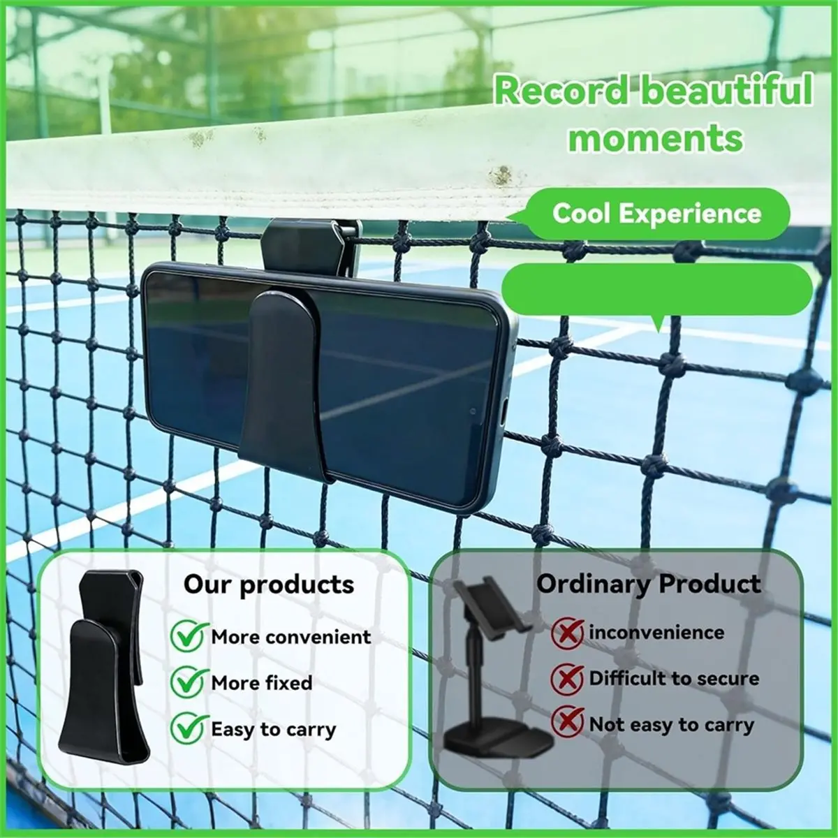 Phone Mount for Tennis Net & Fence, Camera Mount Phone Holder for Court Recording, Multi-Angle Training Video Recorder