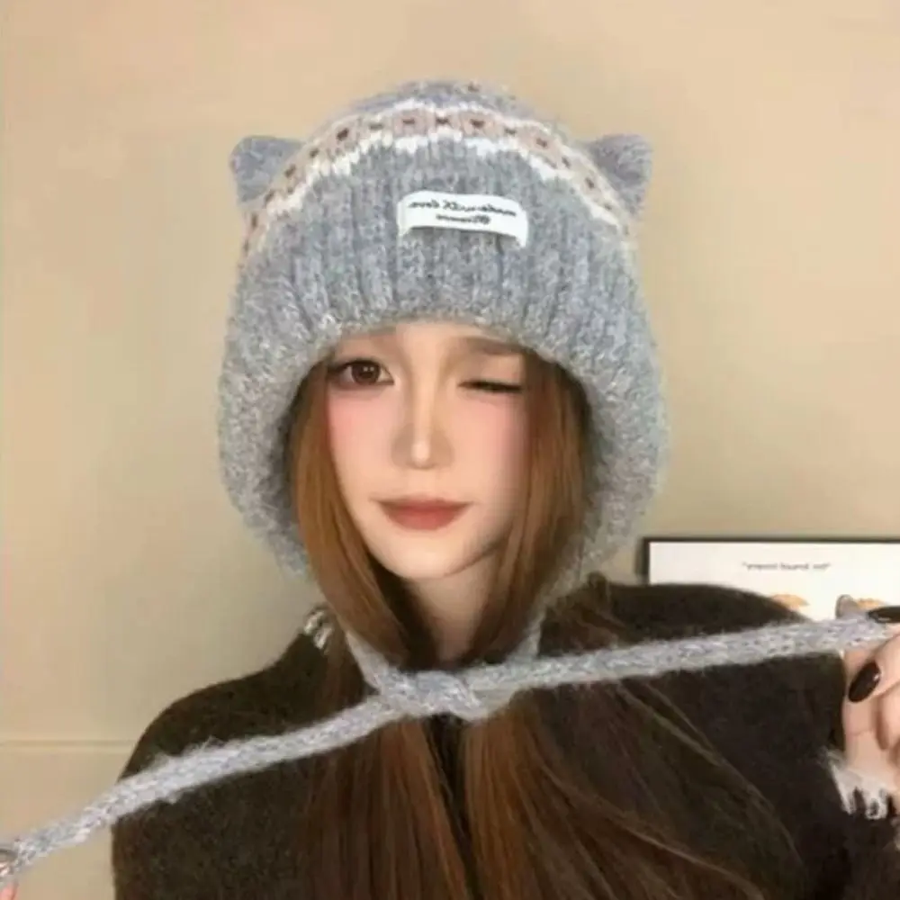 Fashion Cat Ear Knitted Woolen Cap Thickened Keep Warm Strap Beanie Hat Fell Island Style Windproof Winter Pullover Hat Winter