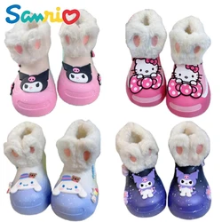 Sanrios Hellokittys Cinnamoroll Kuromi Winter Leather Waterproof Anti-Slip Kids Velvet Boots Outdoor Girls Snow Boots Ski Shoes